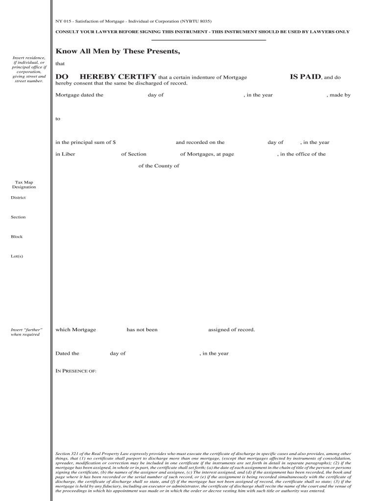 Satisfaction of Mortgage New York PDF  Form