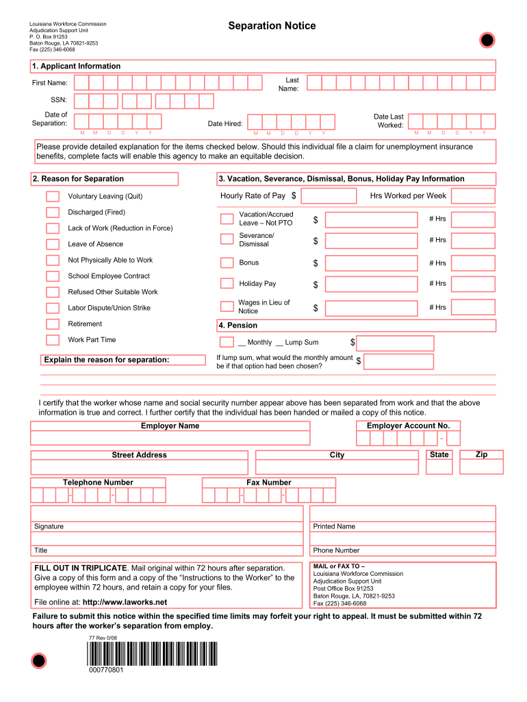 Louisiana Employee Separation Notice  Form