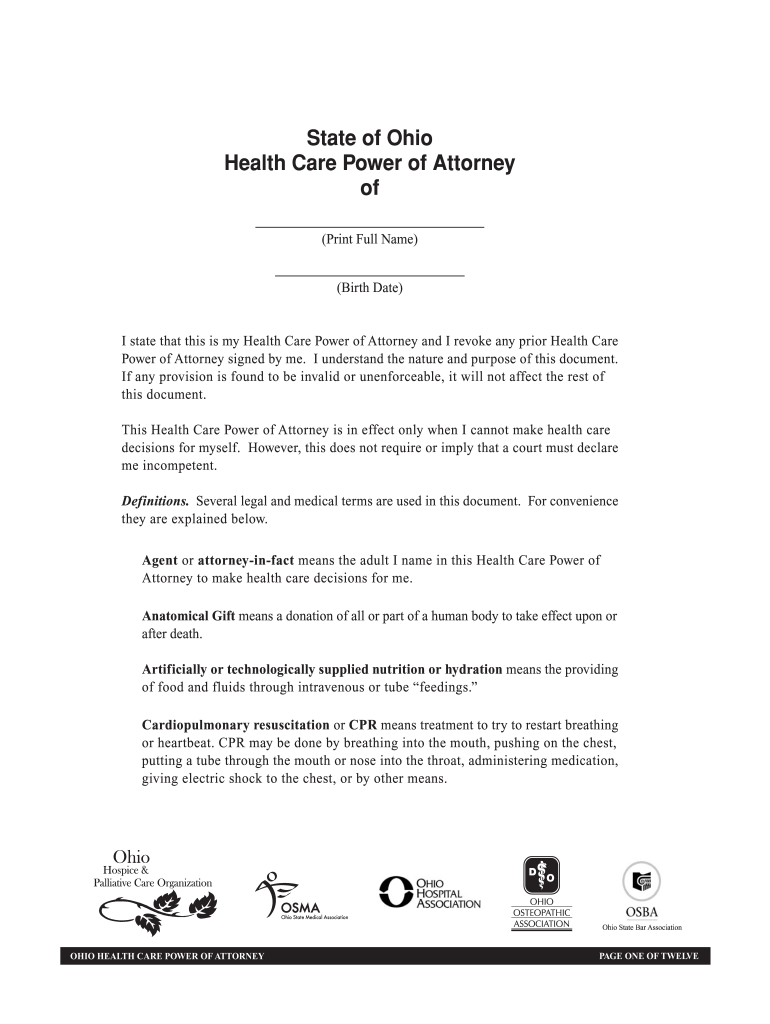 Ohio Health Care Power of Attorney Form Fill Out and Sign Printable