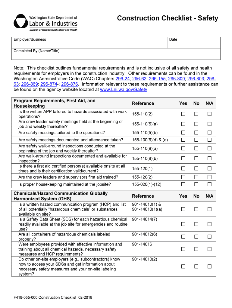 Construction Checklist Safety F418 055 000 Construction Checklist Safety F418 055 000 Lni Wa  Form