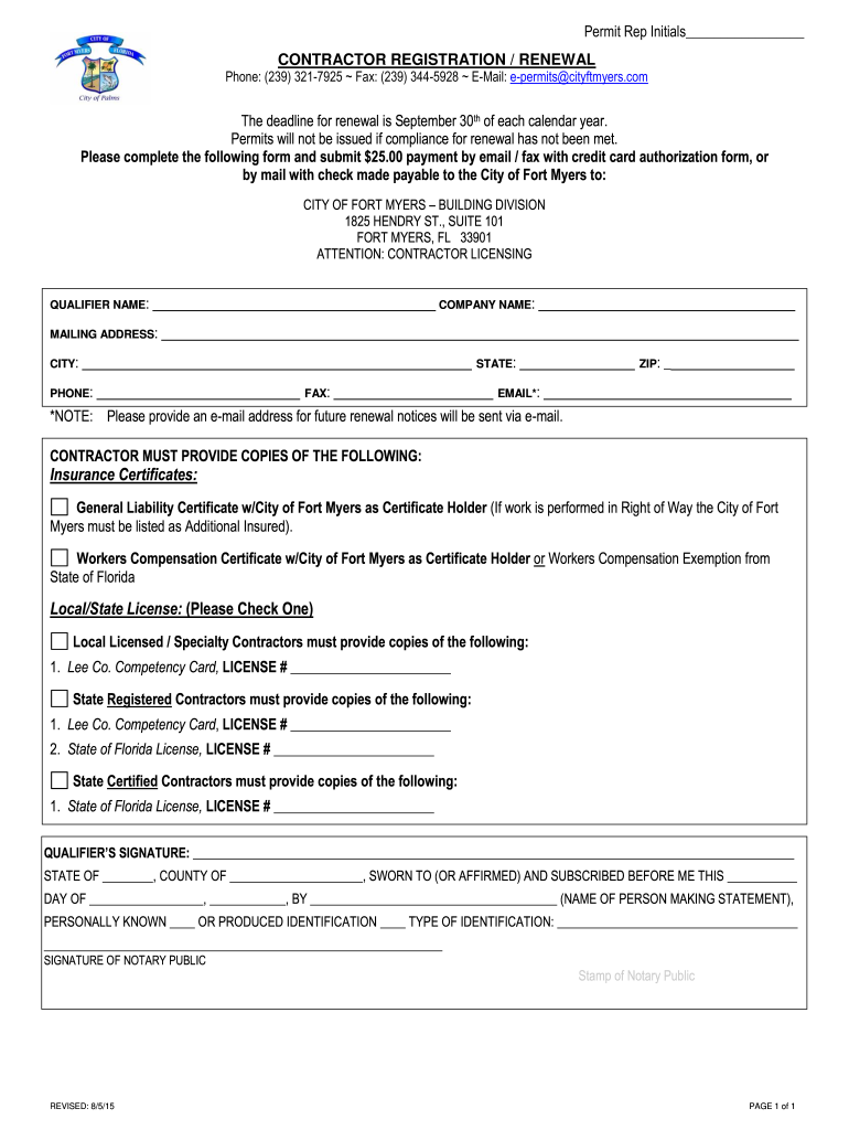 Get and Sign Contractor Registration or Renewal Form PDF City of Fort Myers 2020-2022