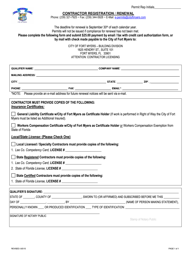  Contractor Registration or Renewal Form PDF City of Fort Myers 2020