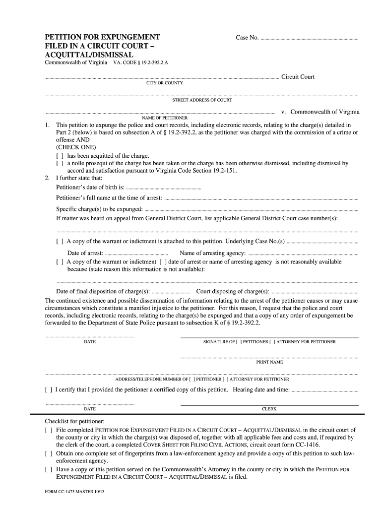  Cc 1473 Petition for Expungement Filed in a Circuit Court  Form 2013
