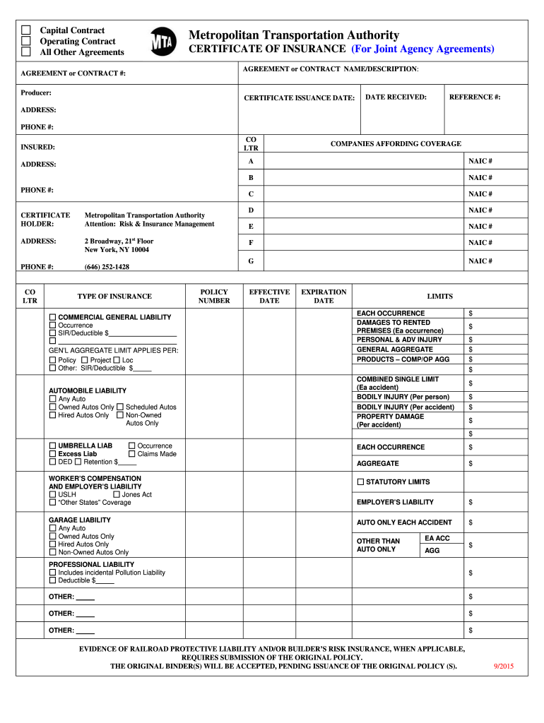 Mta Certificate Metropolitan Transportation Authority  Form