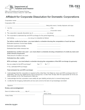 Form TR 193715Affidavit for Corporate Dissolution for Domestic Tax Ny