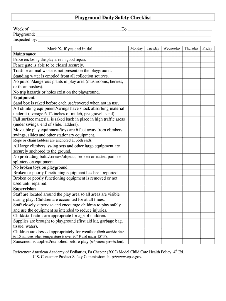 Playground Daily Safety Checklist Week of to Play  Form