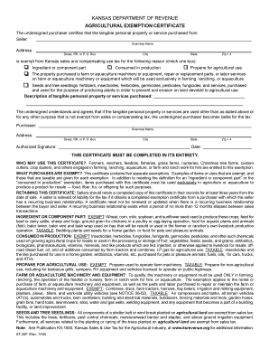 ST 28F Agricultural Exemption Certificate Rev, 8 14 Exemption Certificate Ksrevenue  Form