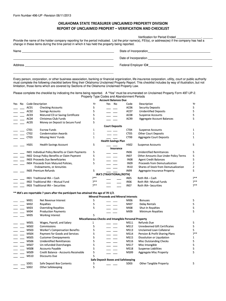 Oklahoma Stae Treasurer Unclaimed Property for 496 Up  Form