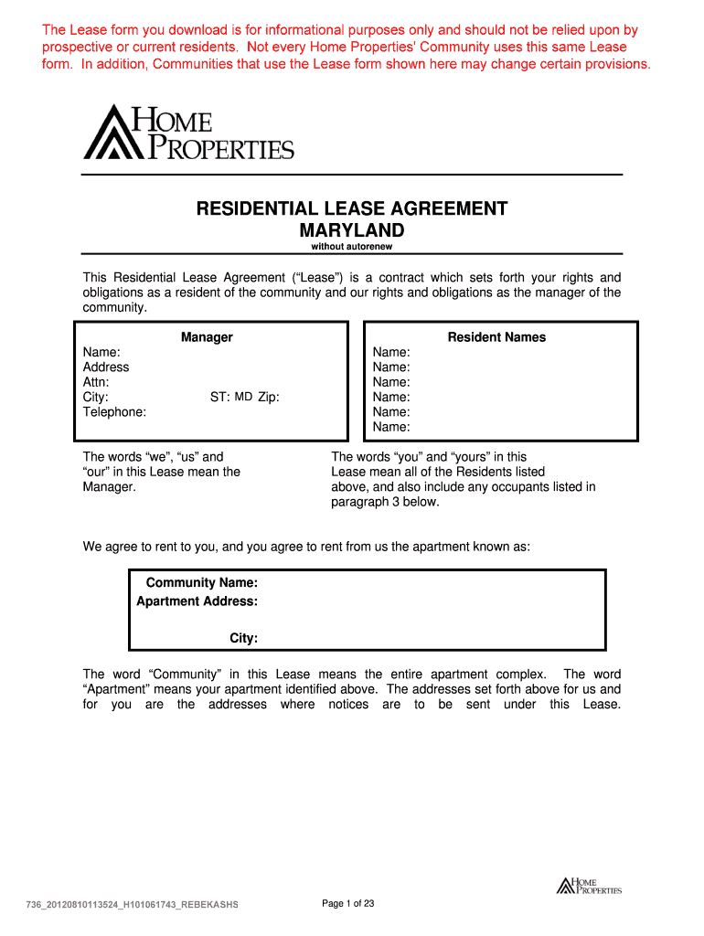 Maryland Residential Lease Agreement PDF  Form
