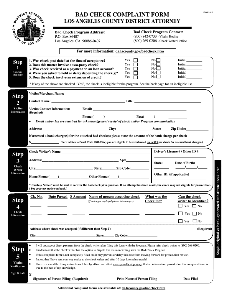  Bad Check Complaint Form 2012-2024