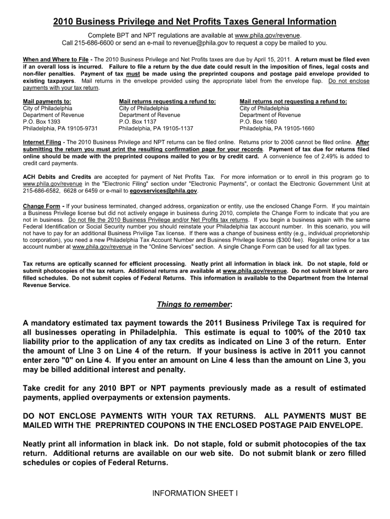 Philadelphia Net Profits Tax Fillable Form