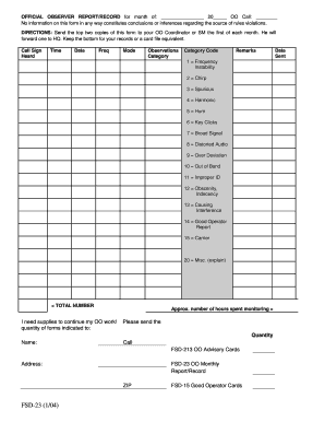 Arrl Official Observer&#039;s Monthly Report FSD 23194  Form