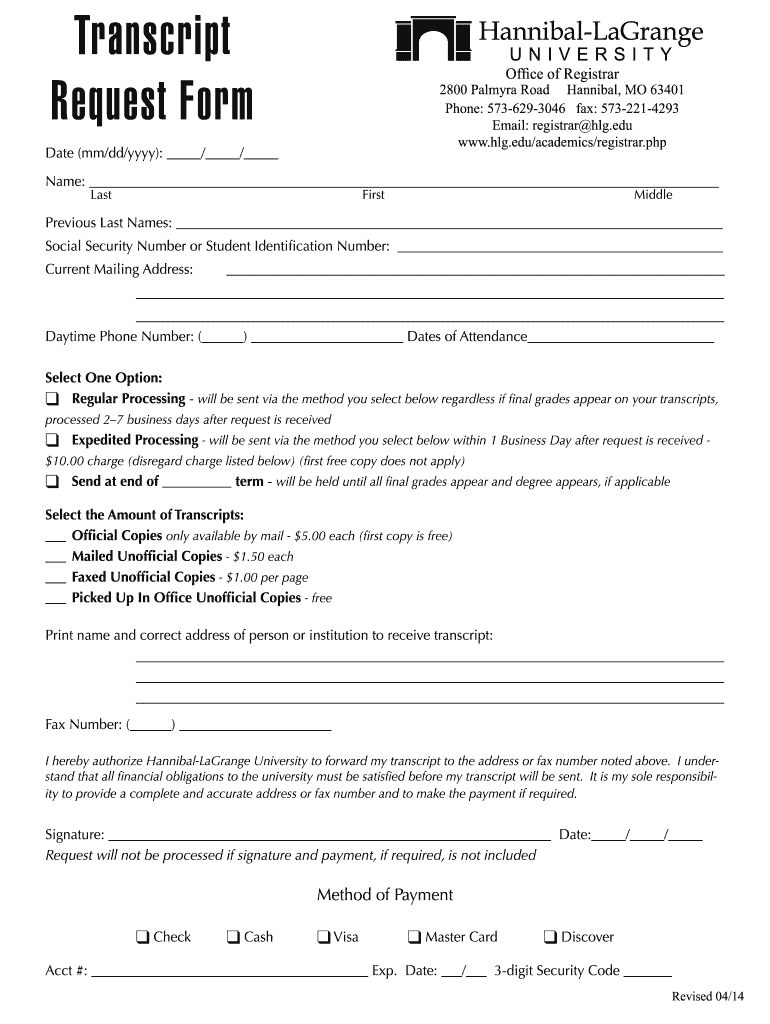  Transcript Request Form  Hannibal LaGrange University  Hlg 2014