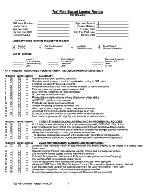 7a Risk Based Lender Review File Checklist Loan Name SBA Loan Number Lender Name Approval Date Gty Fee Due Date Reviewer Name Ap  Form