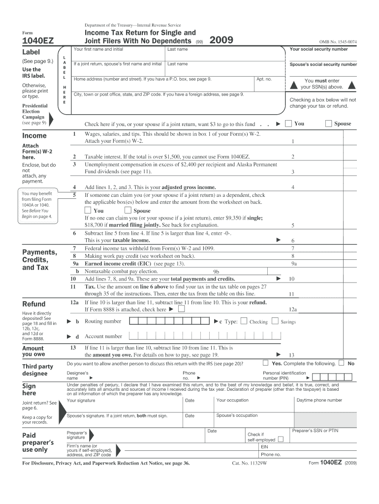  1040ez Tax Form 2009