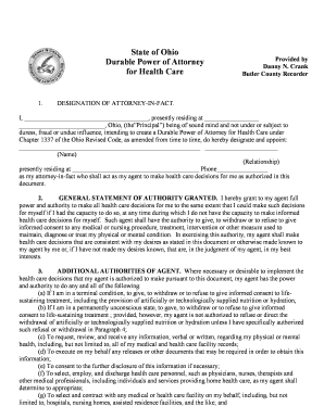 Ohio Durable Power Attorney Care  Form