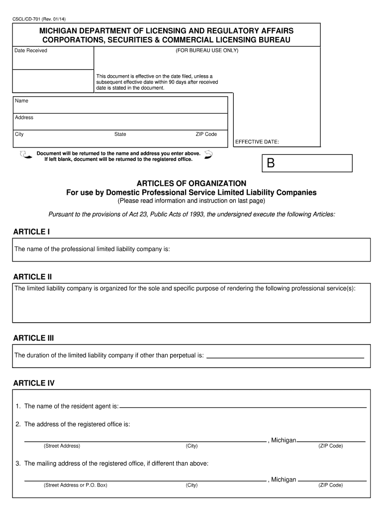  Articles of Organization Form 2014