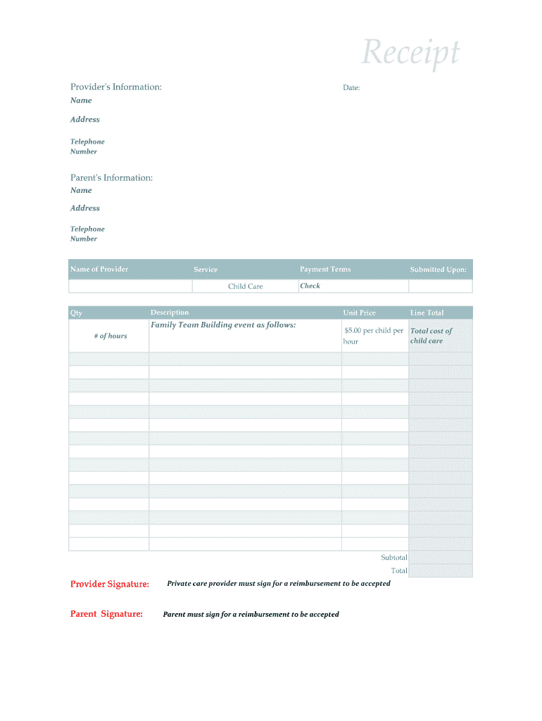 Child Care Receipt  Form