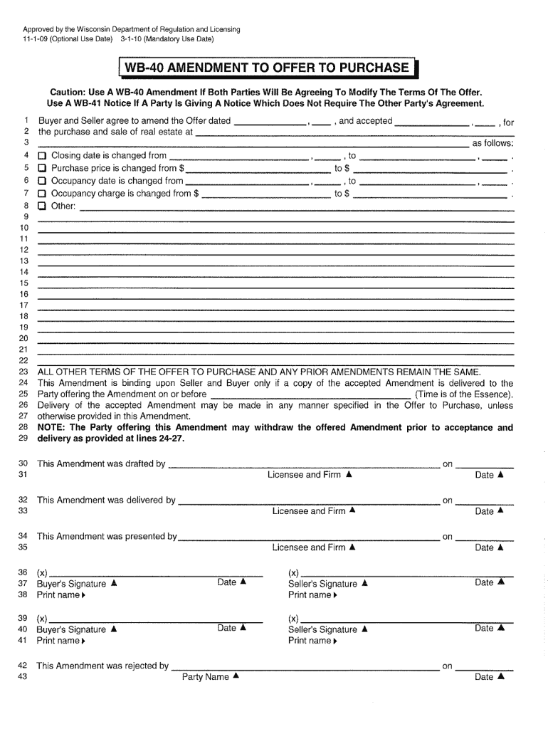 Get and Sign Wb 40 Amendment to Offer to Purchase Form 2009