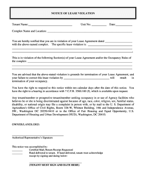 NOTICE of LEASE VIOLATION Tenant Name Unit No Date  Form