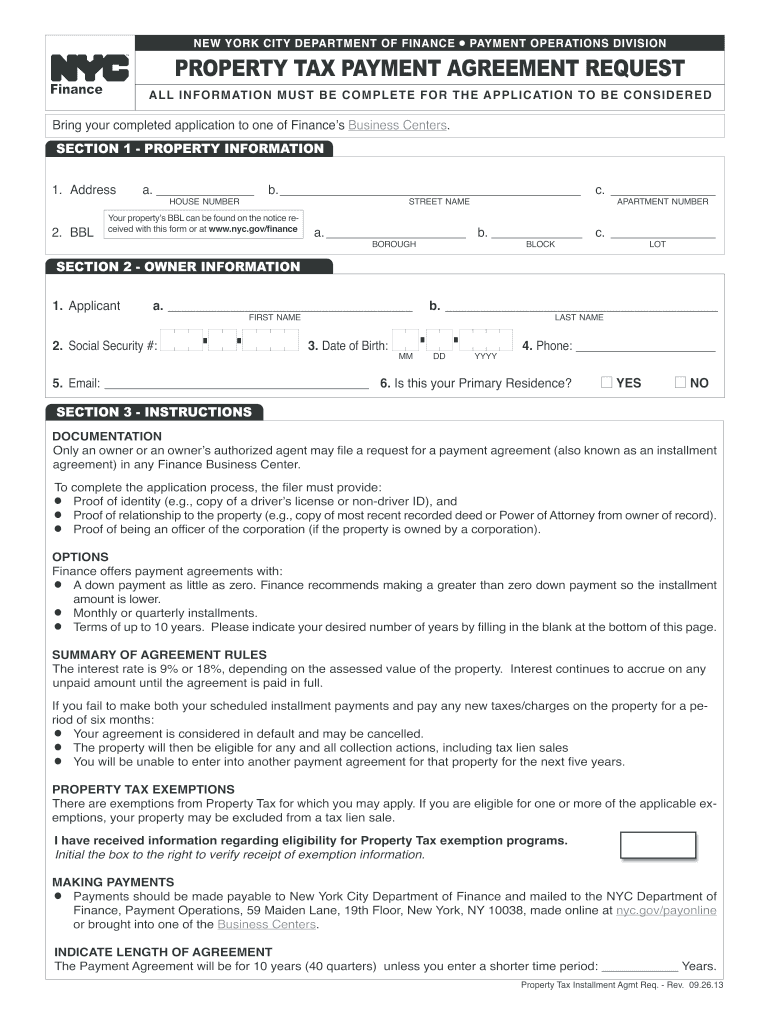 Get and Sign Property Tax Payment Agreement Request  NYC Gov 2013 Form