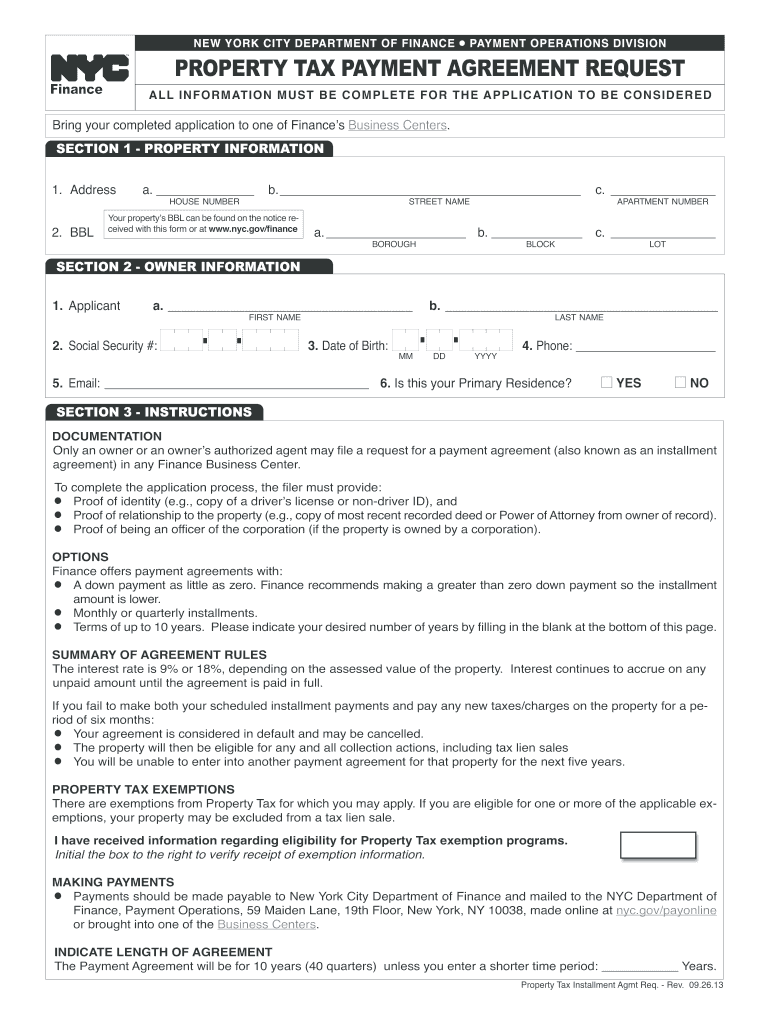  Property Tax Payment Agreement Request  NYC Gov 2013