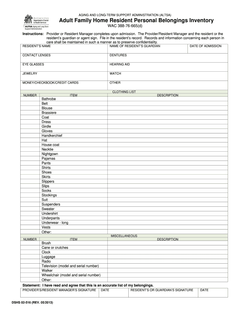  Resident Inventory Sheet Adult Family Home  Form 2013