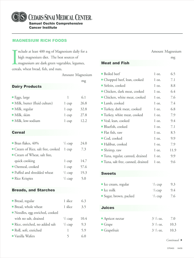 Magnesium Rich Foods Chart  Form