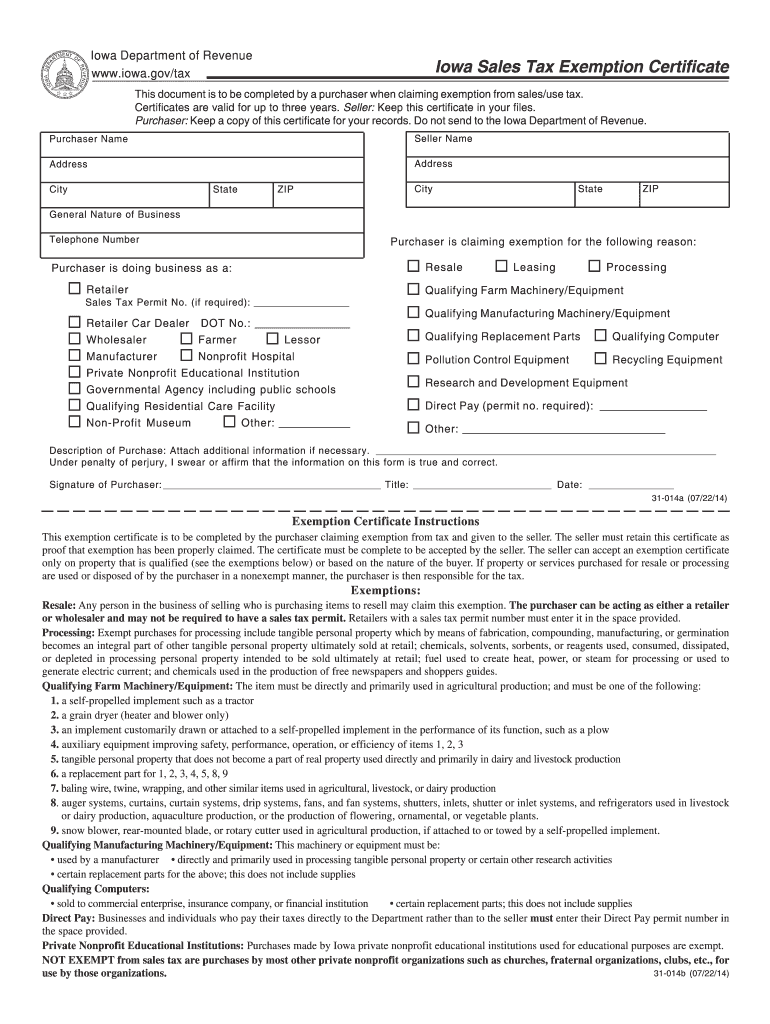  Exemption Certificate Sales  Form 2014