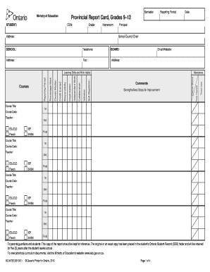 Provincial Report Card Grades 9 12 Secondary Provincial Final Report Card for Non Semestered Edu Gov on  Form