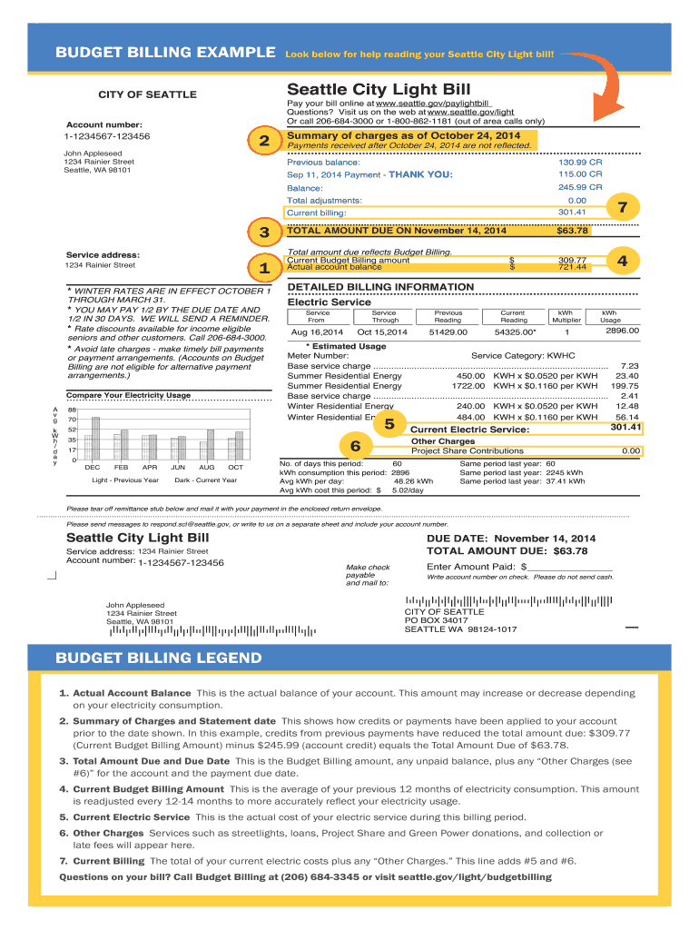 Seattle City Light Bill 4 5 6 2 3 1 7 BUDGET BILLING LEGEND Seattle  Form