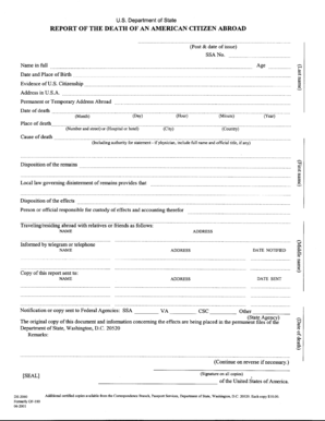 Report of Death of an American Citizen Abroad  Form