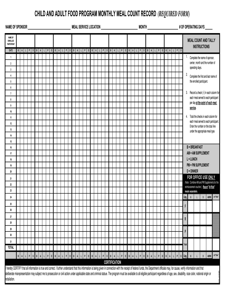 Child and Adult Food Program Meal Count Record  Form