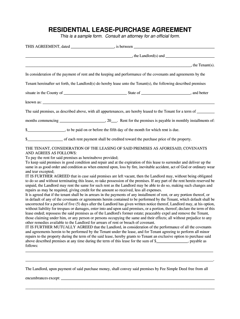 Printable Blank Rent to Own Agreement  Form