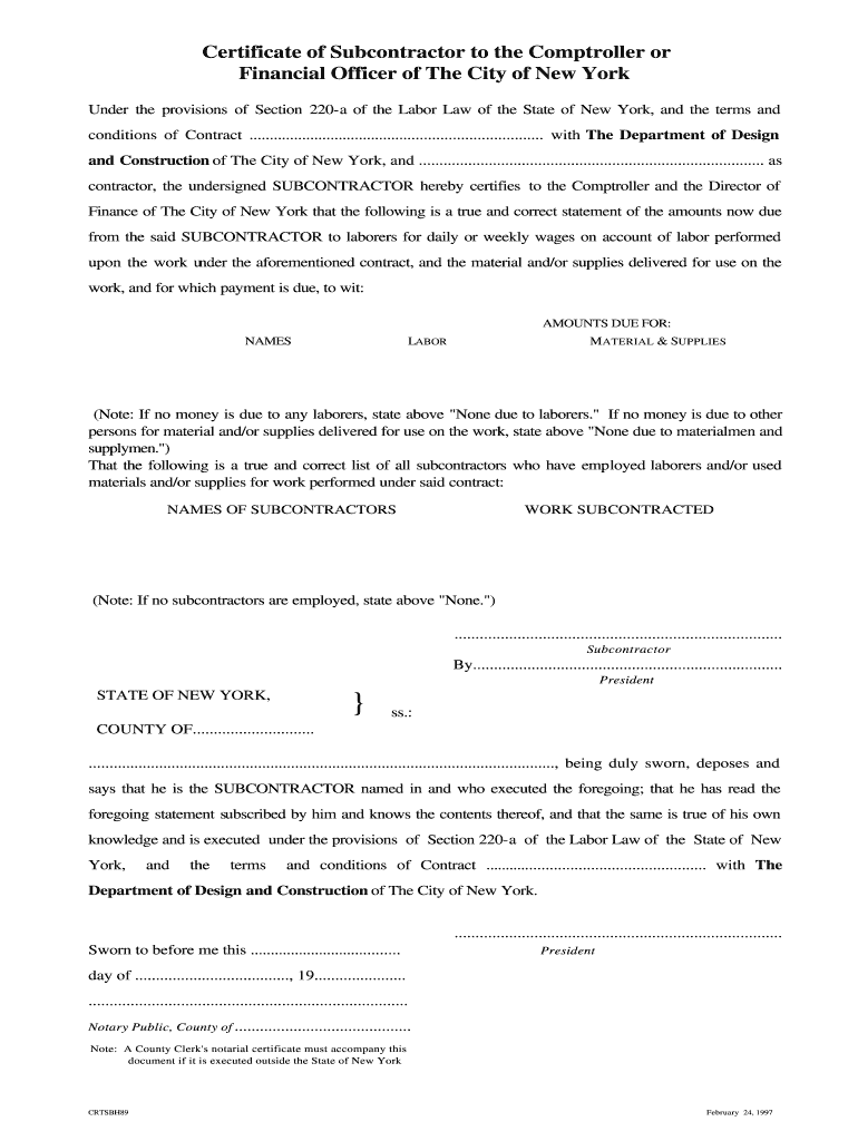 Certificate Subcontractor  Form