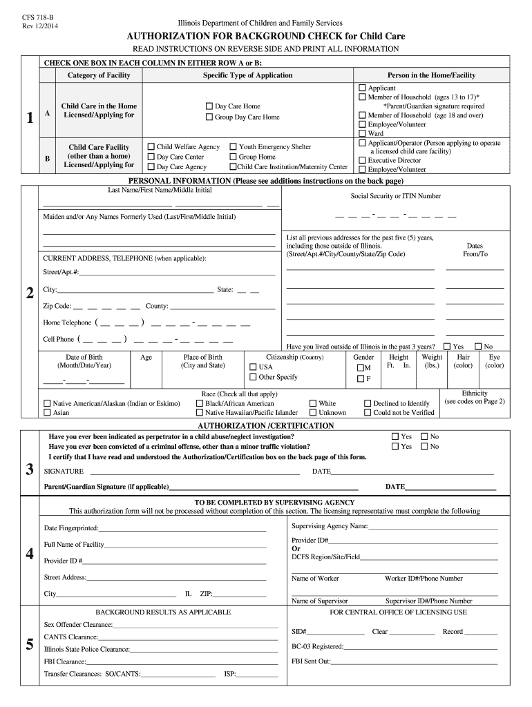  CFS 718 B Authorization for Background Checks for Child Care Illinois 2015