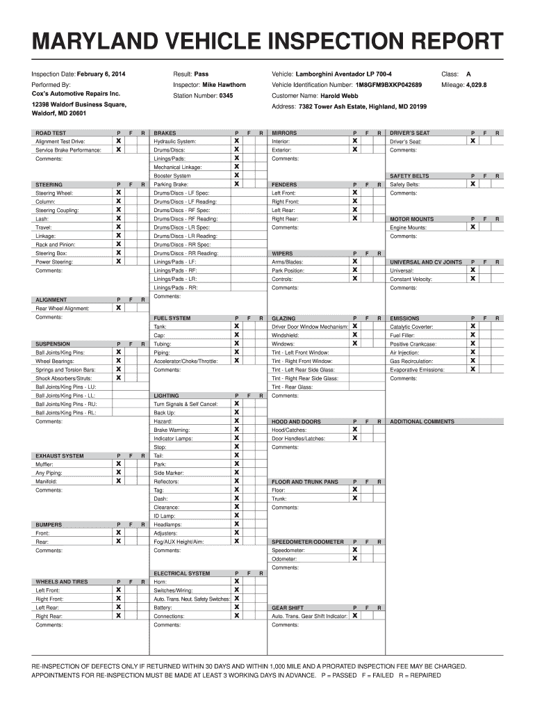 Maryland State Inspection Form