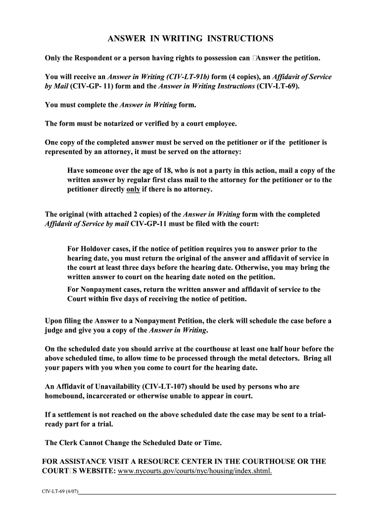  ANSWER in WRITING INSTRUCTIONS  Nycourts 2007-2024