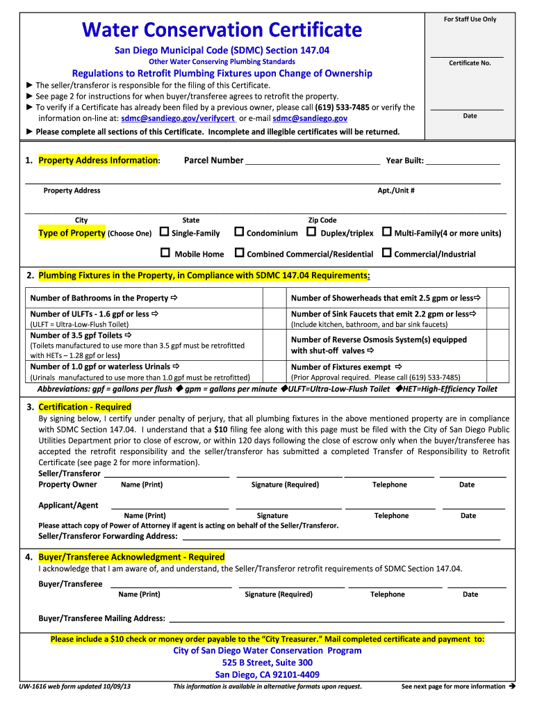 Water Certificate San Diego  Form