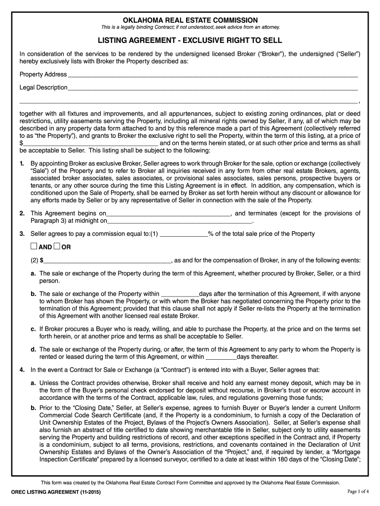  LISTING AGREEMENT EXCLUSIVE RIGHT to SELL Ok 2015