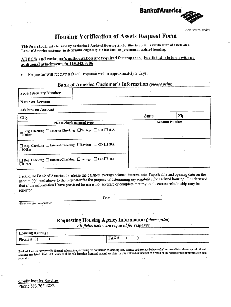 Bank of America Asset Verification  Form