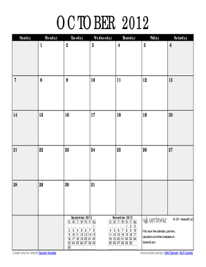 October Calendar Download a Printable October Calendar Find More Calendars, Planners, and Templates on Vertex42 Com  Form