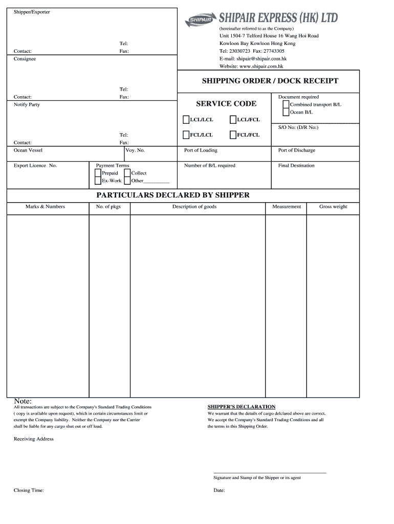 Dock Receipt  Form