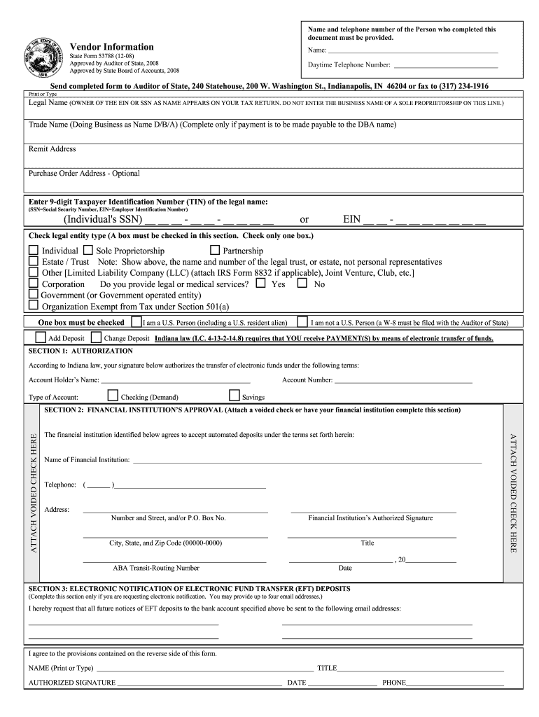  State of Indiana Vendor Information Fillable 2008