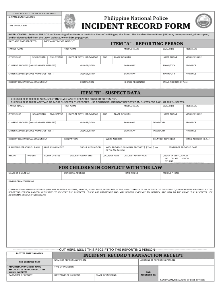 Police Blotter Sample  Form