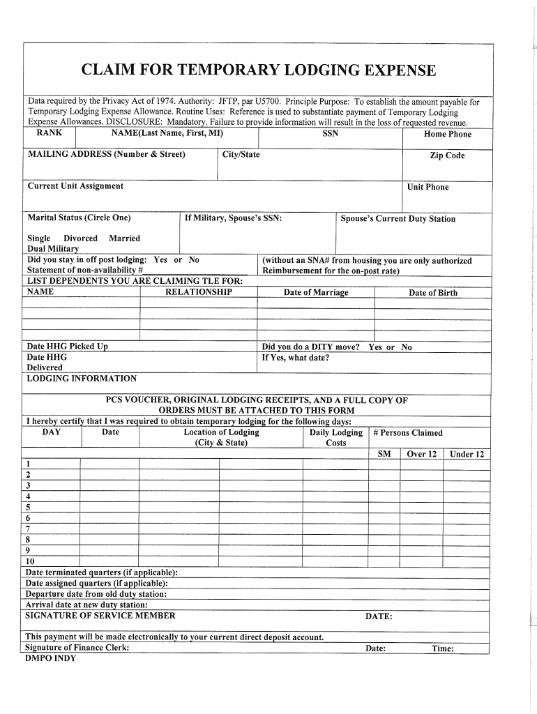 Claim Temporary Lodging Expense  Form