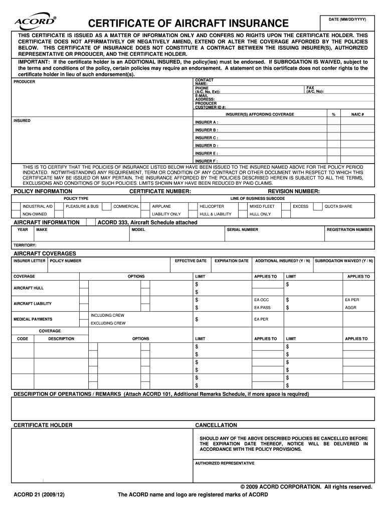 Completing an Airplane Certificate of Insurancer  Form