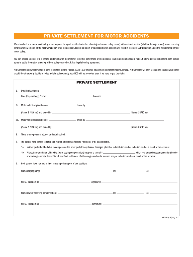  Settlement Form Auto 2012