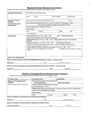 Receipt of Human Remains at Crematory, Release of Cremated Dhmh Maryland  Form