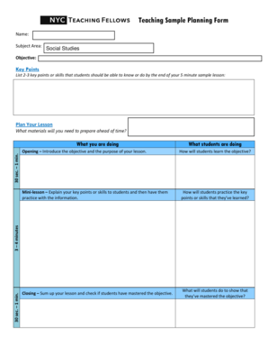 Teaching Sample Planning Form Name Subject Area Social Studies Objective Key Points List 23 Key Points or Skills that Students S